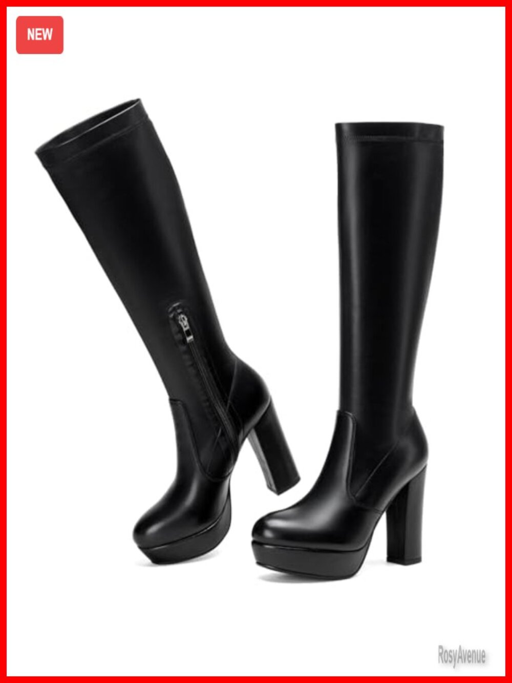 Women's Knee High Stretch Boots with Chunky Heel and Platform, Side Zip